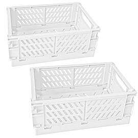 Frepea Pack of 2 Storage Baskets, Plastic Folding Boxes, Foldable Sturdy Storage Box, Folding Basket for Kitchen/Children's Room/Office (White, M (25 x 15 x 10 cm)