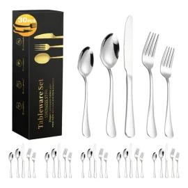 Juego De Cubiertos De Acero Inoxidable de Cocina, TOPON 30 Piezas Cucharas y Tenedores Colore Plata
