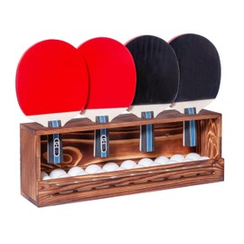 humberboat Ping Pong Paddle Storage Rack, Wall-Mount Table Tennis Paddle Display Holder for 4 Paddles and Ball Storage Shelf, Pine-Wood Ping Pong Rack for Game Room, Bar, Garage, Office, Home