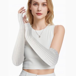 Arm Warmers, Fashion Winter Long Fingerless Gloves Knit Mitten Gloves Wrist Warmer with Thumb Hole for Women, Stretchy Arm Sleeves for Women, White