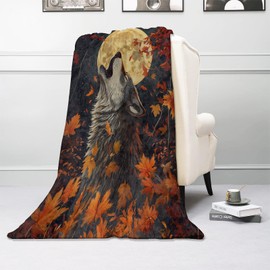 Kibue Autumn Wolf & Moon Blanket - Soft & Cozy Warm Flannel Throw - Plush Lightweight Blankets for Travel, Sofa, Bedroom, Office - Gifts for Adults Women Kids - for All Seasons 60"×50"