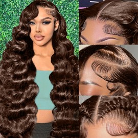 EECBN 30 Inch Chocolate Brown Deep Wave Lace Front Wigs Human Hair Brown Loose Wave 13x4 HD Lace Frontal Wig Loose Deep Wave Human Hair Wigs for Black Women 220% Density