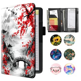 BVDIKMI Server Books for Waitress, Waitress Book with Elastic Bandage Closure PU Leather Organizer with Zipper Money Pocket Fit Server Apron, Cherry Blossom Watercolor