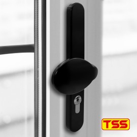 TSS Black UPVC Door Handle Pair Set with offset Lever and Pad, 92/62mm PZ Centres (Internal = 92mm / External 62mm), Sprung, 212mm Screw To Screw, Backplate 245mm x 34mm, Replacement PVC Door Handle i