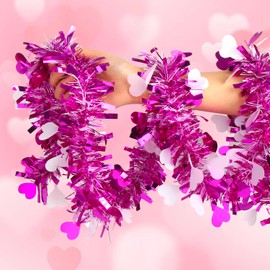 KIMOBER 33 Ft Valentine's Day Tinsel Garland,Roes Red White Heart Metallic Hanging Garland for Party Decoration Supply