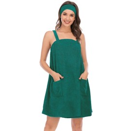 Jamron Womens Adjustable Towel Wraps Bathrobe With Headband for Gym Shower Spa & Beach Cover Ups Dark Green XXL