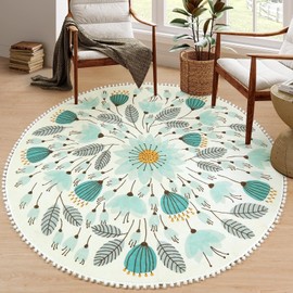 Uphome Round Rug for Living Room 5.3ft Circle Cute Area Rug with Pom Poms Fringe Floral Plant Machine Washable Non-Slip Sofa Floor Mat Carpet for Entryway Bedroom Kid's Room Nursery