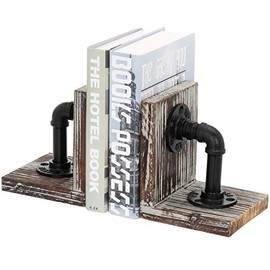 MyGift Industrial-Style Pipe & Torched Wood Decorative Bookends, Office Desktop Book Stands, 1-Pair