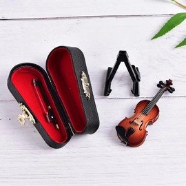 Miniature Wooden Violin Sculpture with Stand Bow and Case Collectible Musical Instrument Model Ornaments for Home Office Decoration