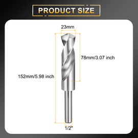 sourcing map 23mm Drill Bit 1/2" Reduced Shank Round 4241 High Speed Steel Uncoated (Bright) 118° Standard Point for Plastic Wood Copper Aluminum Iron Medium Soft Metal