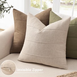 Decorative Linen Throw Pillow Covers 26x26 Set of 2 Solid handcrafted Striped Cushion Covers for Bed Soft Modern Farmhouse Neutral Pillowcase for Couch Bedroom Living Room Home Decor(Natural Beige)