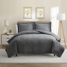 Hearth & Harbor Premium Flannel Duvet Cover Set - 3 PC Reversible King Comforter Cover Set with Microfiber Back - 1 Velvet Duvet Cover King & 2 Pillow Shams 104 x 90 inches - Charcoal Gray