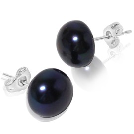 10mm Grade AAA+ Freshwater Cultured Pearl Stud Earrings in 925 Sterling Silver – Cream White, Pink, Lavender, and Black Variations (Black)