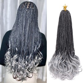 French Curl Crochet Braids 18 Inch 8 Packs Goddess Box Braids Crochet Hair for Women Gray Pre Looped Crochet Box Braids with Curly Ends Synthetic French Curly Braiding Hair Extensions (1B/Gray)