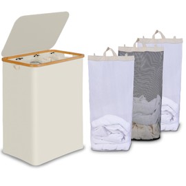 efluky Laundry Hamper with Lid, Trio Laundry Hamper with 3 Removable Bags, 3 Section Laundry Basket with Bamboo Handles for Bathroom, Bedroom & Laundry Room, 160L Beige