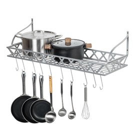MyGift Wall Mounted Silver-Tone Metal Hanging Kitchen Pots, Pans and Utensils Storage Cookware Rack with 12 Removable S-Hooks and Top Display Shelf for Condiments Spice Rack