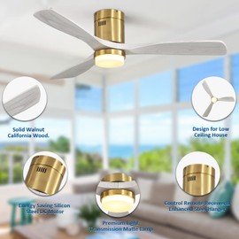 Sofucor Low Profile Ceiling Fan, Flush Mount Ceiling Fan with Lights and Remote Control, 52'' Wood Ceiling Fan with 3 Color Temperature & Adjustable Brightness, Gray Wood