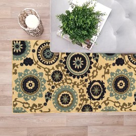 Custom Size Beige Floral Medallion Rubber Backed Non-Slip Hallway Stair Runner Rug Carpet 31 inch Wide Choose Your Length 31in X 4ft