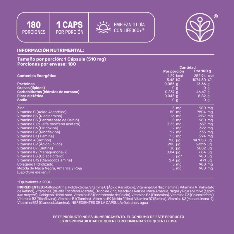Multivitamínico Mujer 180 Cápsulas Sabor Suplemento Alimenticio Life360