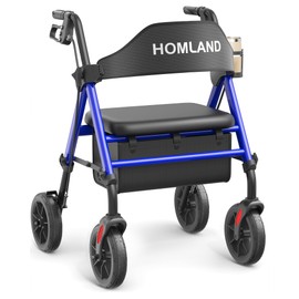HOMLAND Walkers for Seniors with Seat, Foldable Rollator Walker, Reinforced Aluminum Frame, 8" Big Rubber Wheels for All Terrain, Height Adjustable Lightweight Rolling Walker