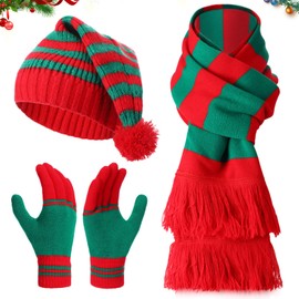 Silicherry 3 Pcs Christmas Knitted Scarf Hat Gloves Set Winter Santa Beanie Xmas Scarf Gloves Christmas Gift for Women Men(Red and Green)