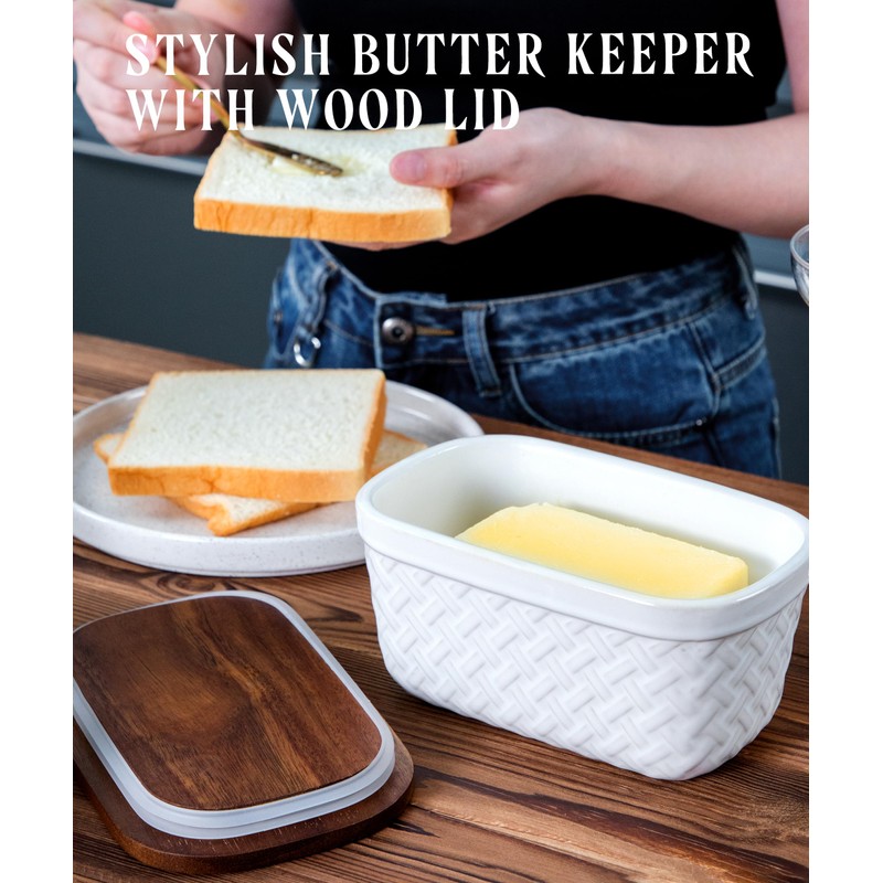 Nucookery Ceramic Butter Dish, Embossed Butter Keeper with Wood Lid
