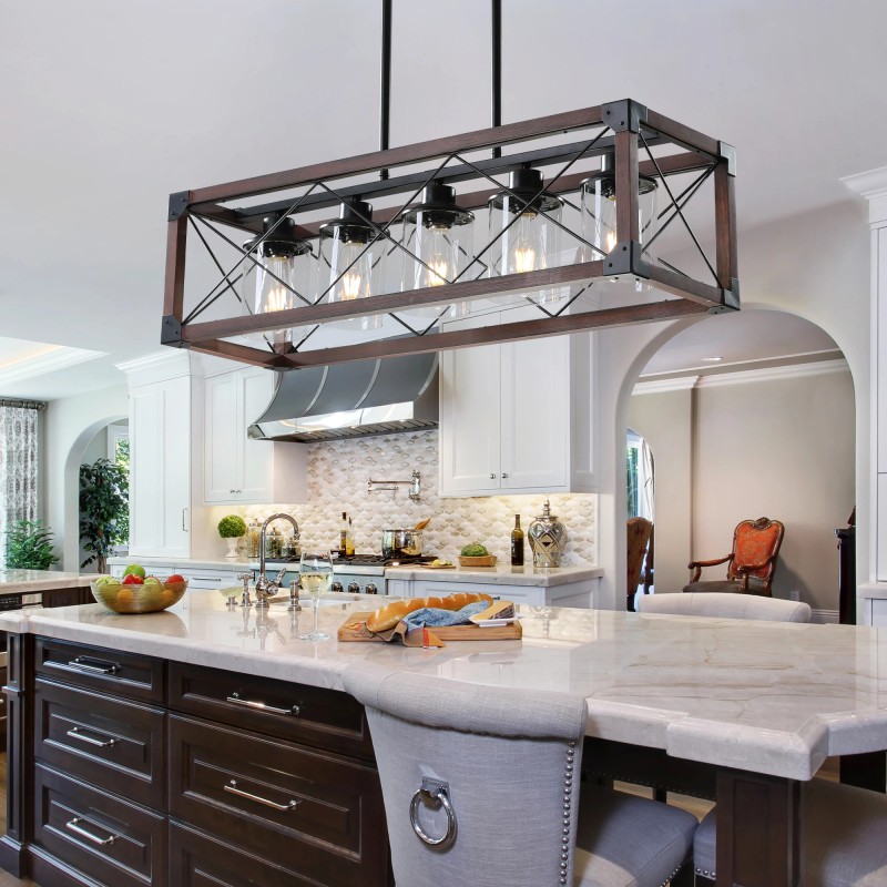 Ship From USA,32" Red Wood Industrial Farmhouse Rectangle Pendant Light,
