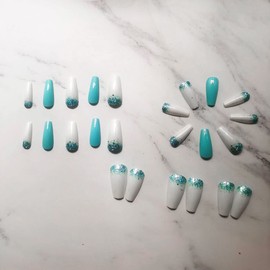 Bufenia Pack of 24 French Tip Square Press On Nail Short Glitter Artificial Nails Shiny Full Cover Acrylic False Nails for Women and Girls (C)