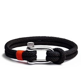 Elegatto Alchor Premium Rope Bracelet for Men | Nylon Marine Cord with Silver Polished Stainless Steel Shackle Closure | Waterproof & Fade-Resistant | Men’s Designer Bracelets | Black Extra Black (8.3")