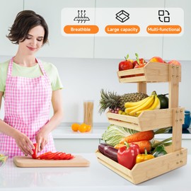 KISENG Bamboo 3 Tier Fruit Basket Stand for Kitchen Counter, Tiered Wooden Large Countertop Vegetable Fruit Holder with Banana Hook, Natural