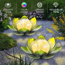 AIINY Garden Solar Light Outdoor(2Pack),Crackle Globe Glass Lotus Decoration, Waterproof Metal LED Flower Lights for Patio,Lawn,Walkway,Tabletop,Ground