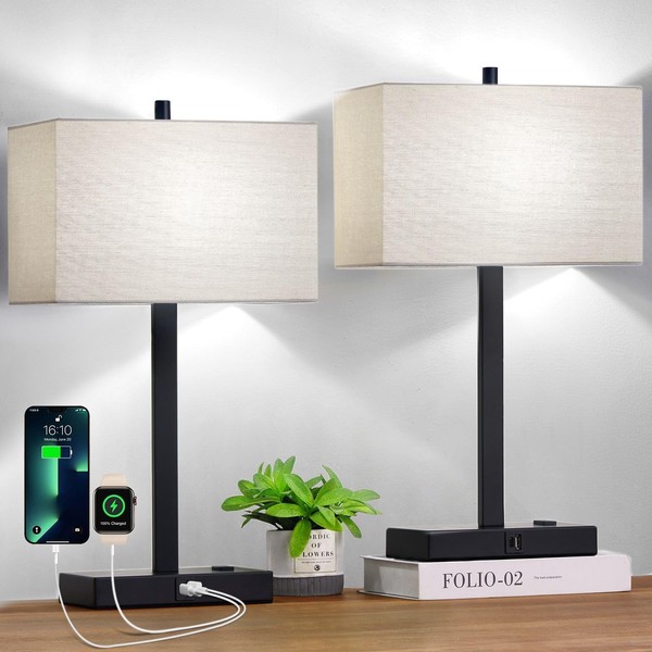 21" Set of 2 Touch Control Table Lamps with 2 USB & AC Outlets, 3-Way Dimmable Modern Nightstand Lamps for Bedroom Living Room Office Reading, Grey Shade Bedside Lamps, 5000K LED Bulbs Included.