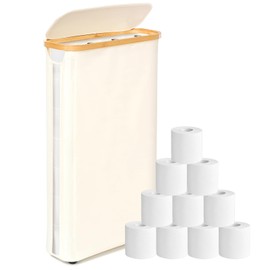 GARPROVM Toilet Paper Storage Basket with Lid, 52L Free Standing Toilet Roll Storage Holder, Holds up to 24 Regular Rolls or 18 Mega Rolls Bathroom Organizer, Beige