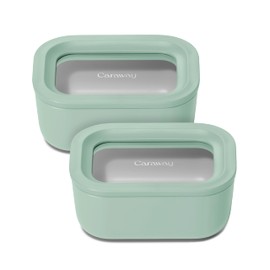 Caraway 2pc Glass Food Storage Set - 2.6 Cup Food Containers (2) - Non-Toxic Ceramic-Coated Glass - Air Release Technology - Compact & Stackable Design - Mist