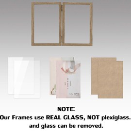 5x7 Double Picture Frames Hinged Wood Grain with Real Glass Stand Vertical on Tabletop