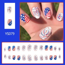 FOXIIU Press on Nails Independence Day Glossy Full Cover Acrylic French False Nails with Patriotic Designs July 4th Holiday Artificial Fake Nails USA Flag Glue ons Fingernails for Women Girls(YS079)