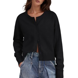 IWD Womens Cropped Cardigan Sweaters Cotton Knitted Preppy Clothes Winter Chunky Cardigan Casual Outfits (Black, Small)