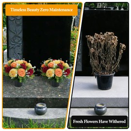 CECOMBINE 2 PCS Artificial Flowers for Graves, Red Yellow Orange Roses Memorial Arrangement, 25cm Silk Memorial Grave Flowers with Pots, Weatherproof Funeral Arrangements for Outdoor Graveside