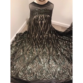 wowfabric4less123 Green Gold Black Embroidery 2way stretch sequin Lace fabric 50” Width 1 Yard