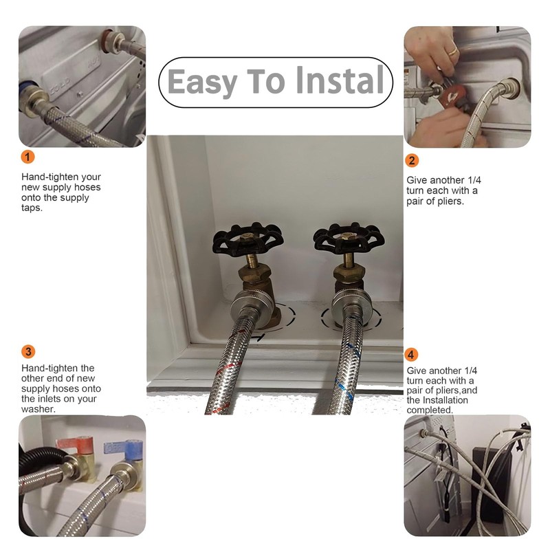 4ft Premium Stainless Steel Washing Machine Hoses Burst Proof 2
