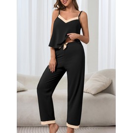 Hilinker Womens Cute 2 Piece Pajama Set V Neck Cami Top and Pants Sleepwear Lounge Set Black Beige Small