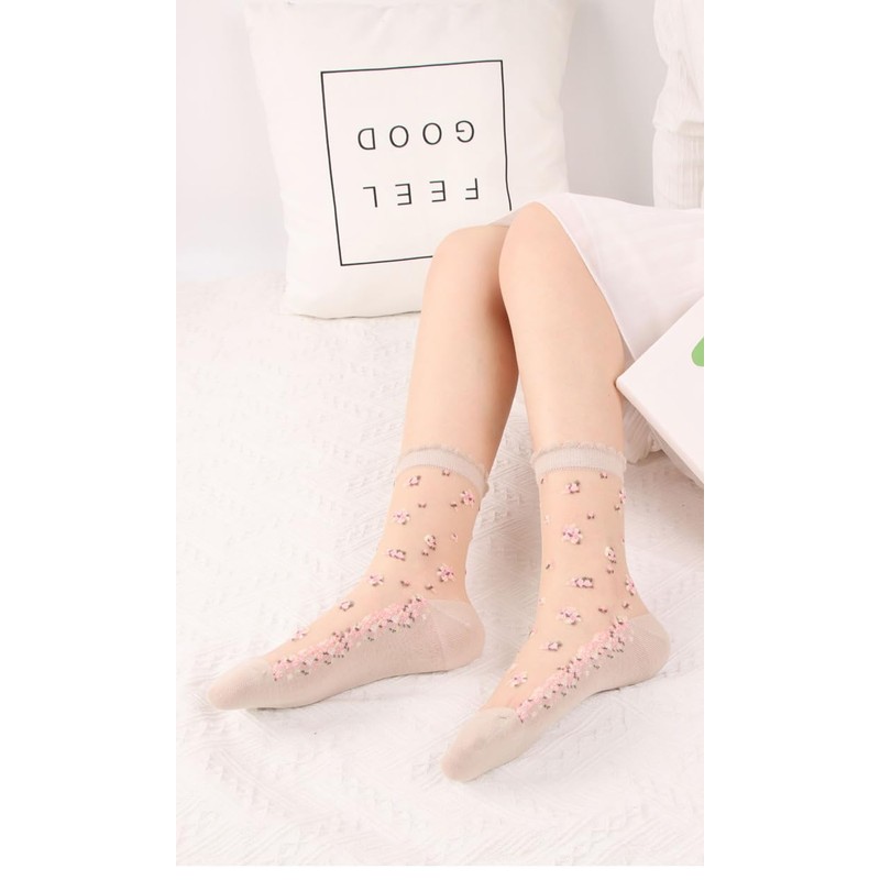 [Feiyda] 靴下 レディース シースルーソックス チュール 花柄靴下 レース 刺繍 透明 薄手