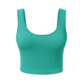 SPRIMEMONG Women's Ribbed Crop Tank Yoga Cropped Top for Workout(Teal,L)