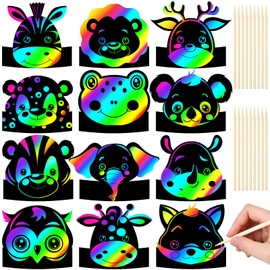 Gersoniel 24 Pcs Jungle Animal Crafts Hats Set DIY Scratch Paper Crowns with Rainbow Color with Elastic Bands and Wood Stick Animal Birthday Party Headband for Kids and Adults Colorful Craft Supplies