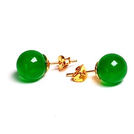 10MM Beads 14K 3D Yellow Gold Natural Green Jade Ball Earrings