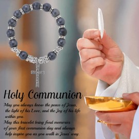 ADXINYATEX Baptism First Communion Confirmation Gifts, Cross Beaded Bracelet for Teenage with 1st Holy Communion Card and Velvet Bag, middle, Acrylic, Cubic Zirconia
