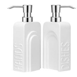 UHEY HOME - Juego de dispensador de jabón de cerámica para baño, paquete de 2 jabones recargables y dispensador de jabón de manos para cocina, blanco mate