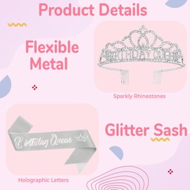 Queenship Birtthday Tiara Crown with Sash for Women Birthday Queen Party, Birthday Tiara Crown Sash, Birthday Tiara Crown Sash, birthday tiara crown sash