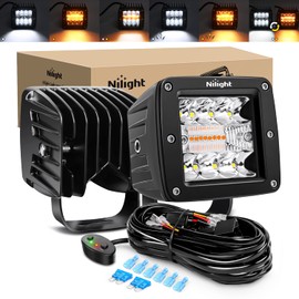 Nilight 2PCS 42W Light Bar 3Inch Cube Pod Light Amber White Strobe 6 Modes Memory Function, Ideal for Fog & Snow Conditions, Off-Road Truck Car ATV Jeep Boat with 16AWG Wiring Harness Kit-2 Leads
