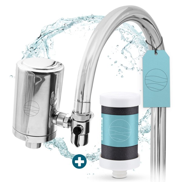 up!water® Water Filter for Tap, Stainless Steel, Tap Water Filter, Filter for Fittings, Drinking Water Filter with Cartridge Made from Sustainable CoconutBlock